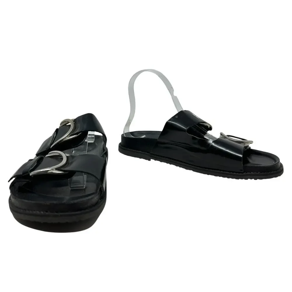 Zara Slide Sandals Buckles Double Strap Faux Leather Black Size 41 US 10 - Picture 4 of 14